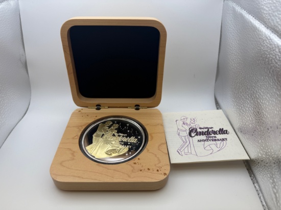 50th Anniversary Cinderella 5 Troy Ounce .999 Fine Silver Round w/ gold overlay in wooden display bo