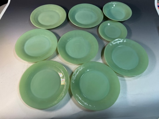 9- Pieces of Fireking Jadeite glass, 7 plates, one saucer, one bowl, all chip free