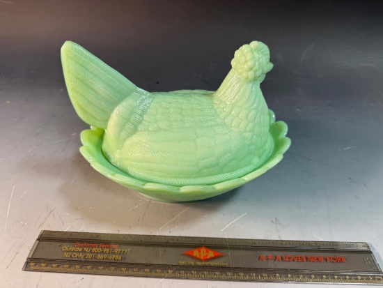 Large Jadeite Nesting Hen, some small chips around rim of top from normal use, otherwise nice piece