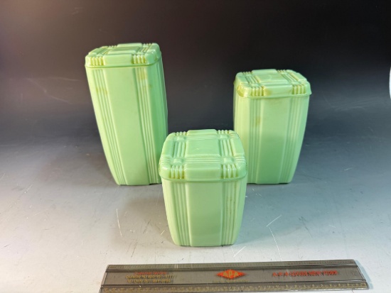 3- Piece Jadeite Canister set, each has very small chips from normal use