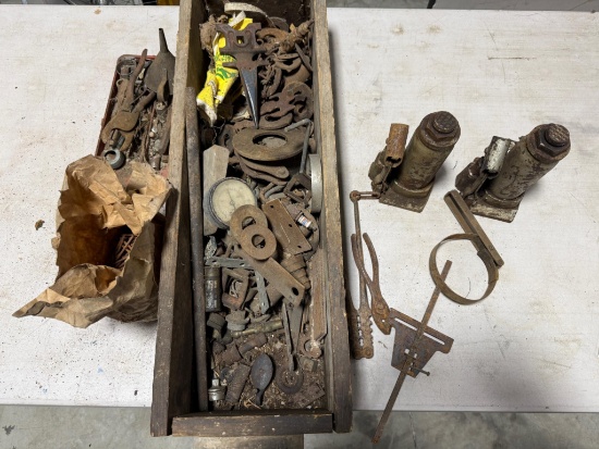 Wooden tray w/ asst tools, hardware and 2 bottle jacks