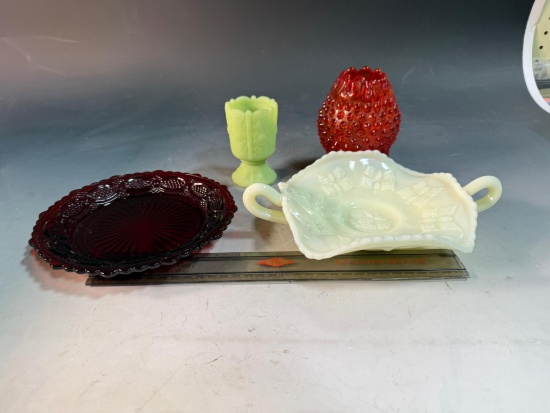 4- Pieces of Vintage Glass, candy dish is marked Fenton, green toothpick holder is chipped