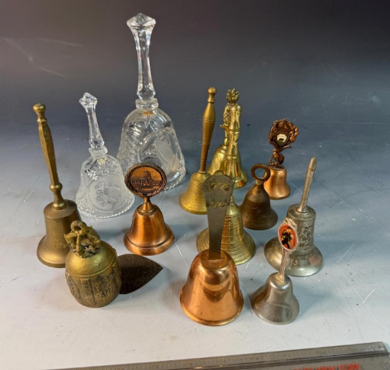 Lot of asst bells, one glass bell is missing clacker