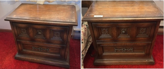 2- Traditional Wooden Nightstands with Decorative Front Panel, Brown Finish, 25 Inches wide each
