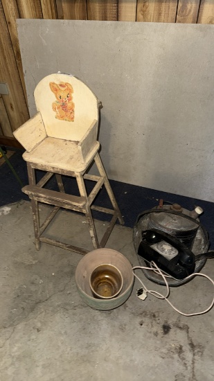 Vintage doll size high chair, ash bucket, old phone
