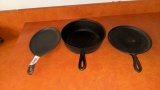 3 pieces Cast Iron Cookware, 2 unmarked griddles and Wagner Chicken Fryer