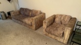 Fabric Sofa and Armchair Set, Beige/Brown Pattern, 3 Sofa Cushions