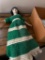 Antique Doll, Black Hair, Blue Eyes, Green & White Crocheted Dress