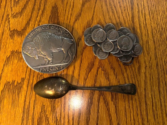 2- Coin Belt Buckles & Sterling Spoon