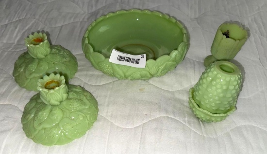 Fenton Lot Jadeite Candle Sticks, Candy Dish all appear chip free, all Marked