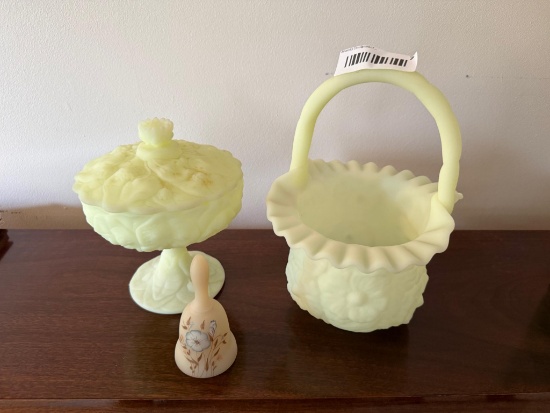 Fenton 3 PC lot all chip free including basket w/ applied handle, candy dish and bell