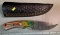 Custom Fixed Blade Knife, Damascus Steel, Multicolored Wood Handle, Leather Sheath, UNUSED