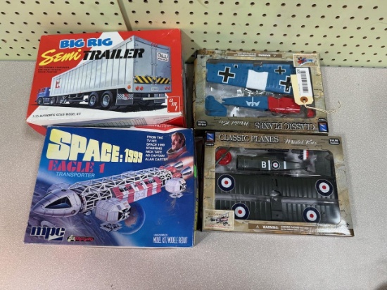 Models in box, unassembled: Space 1999, Semi Trailer, 2 planes