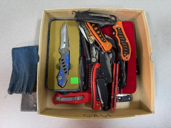 Pocket Knives Lot of 23 various styles including boxed w/ sharpening stone