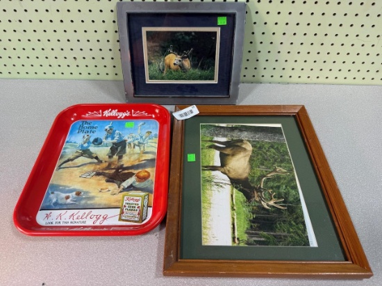 Kelloggs commemorative tray + 2 framed pictures Deer, Moose