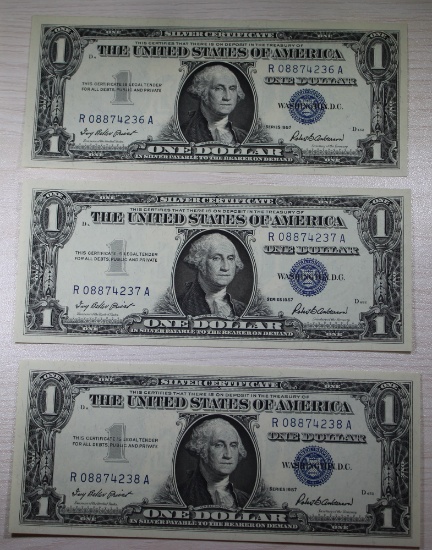 3- 1957 Blue Seal Silver Certificates, UNC, w/ sequential serial numbers, sells times the money