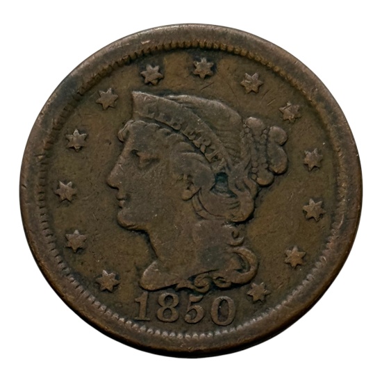 1850 United States Braided Hair Large Cent, Copper, No Mint Mark