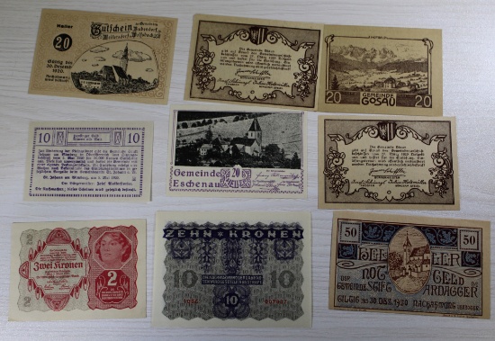 9 Pieces- Austrian Notgeld Collection, 10-50 Heller, 10 Kronen, sells times the money