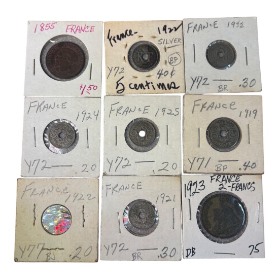 French Coin Collection, 9 Coins from 1855-1932, Various Denominations