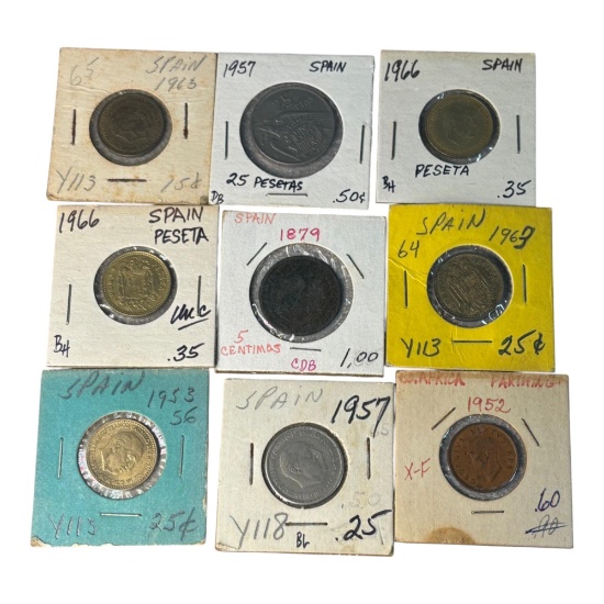 Spanish Coins, 1 Peseta & 5 Centimos, 1952-1969 & 1879
