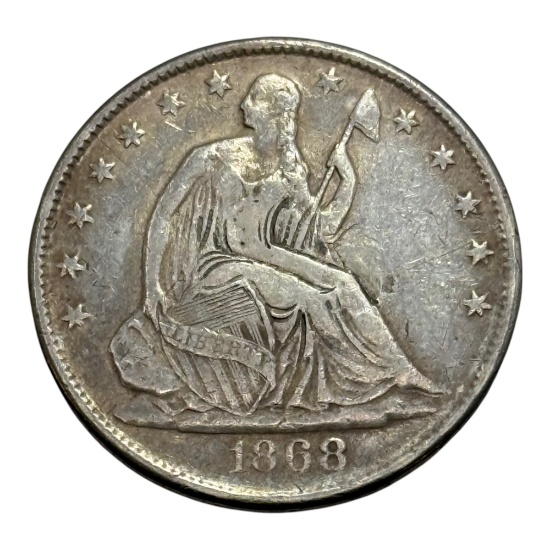 1868 Seated Liberty Half Dollar Coin, United States, FULL LIBERTY