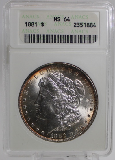 1881 Morgan Silver Dollar in MS 64 ANACS SOAPBOX HOLDER
