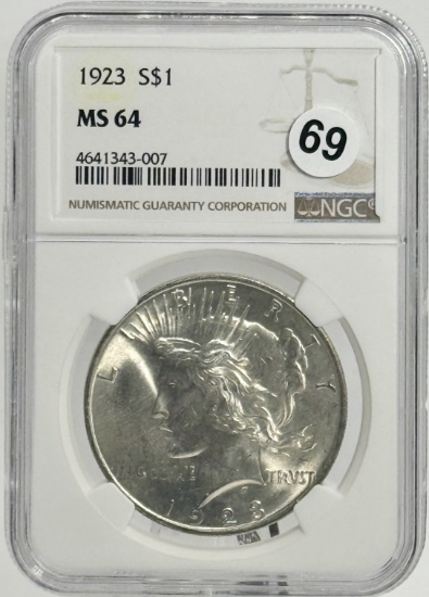 1923 Peace Dollar in MS 64 NGC Holder, 90% Silver