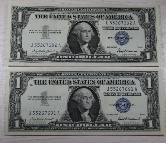 2- 1957 Blue Seal Silver Certificates, UNC, w/ sequential serial numbers, sells times the money