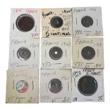 French Coin Collection, 9 Coins from 1855-1932, Various Denominations