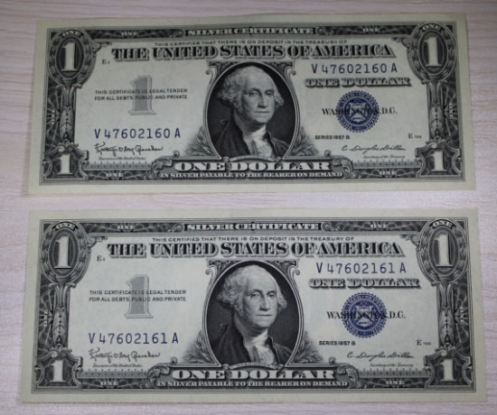 2- 1957 Blue seal Silver Certificates w/ sequential serial numbers, SELLS TIMES THE MONEY