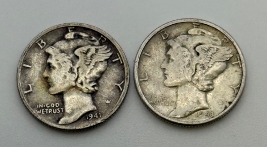 1941 & 1943 Mercury Dimes, 90% Silver, SELLS TIMES THE MONEY