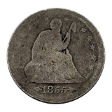 1855 Seated Liberty Quarter, Silver, w/ arrows