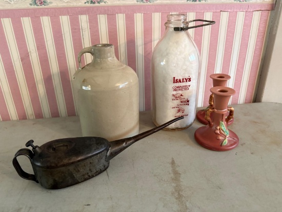 Jug - cracked and repaired, Milk Bottle, Roseville 352- 4 1/2" candle stick set, 3/4 pint oiler
