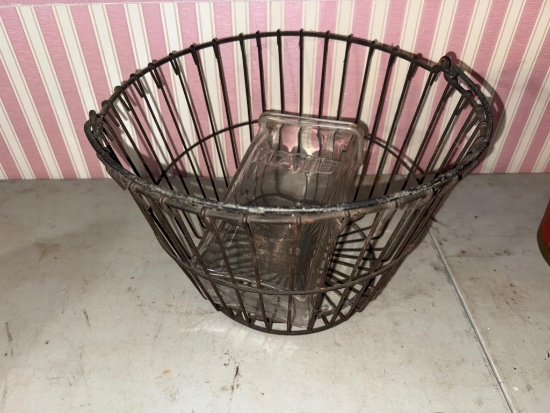 Vintage Egg Basket, Metal Wire, and Glass Mailbox insert Embossed "MAIL"