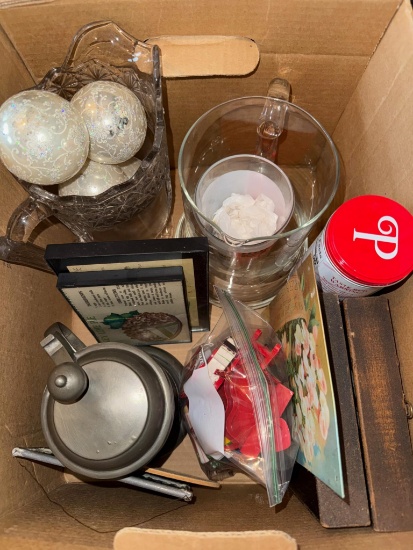 Mixed Box of Household Items: Glassware, Metal Teapot, Ornaments, Tin