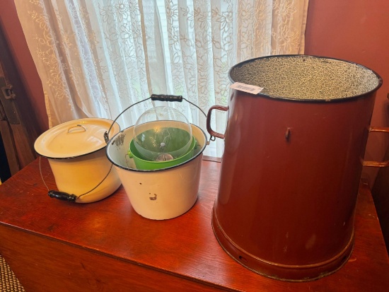 Enamel Ware lot 3 pc. In lot Largest is 17" T x 14" W , w/ Chamber Pot