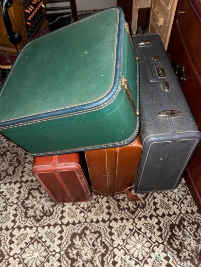 Vintage Suitcase Set, Red Brown Green Gray, Latch Closures