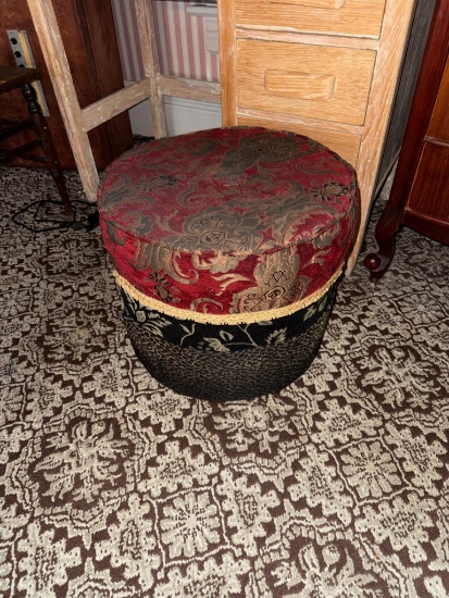 Decorative Ottoman, Red, Black & Gold, Circular, Fabric & Wood