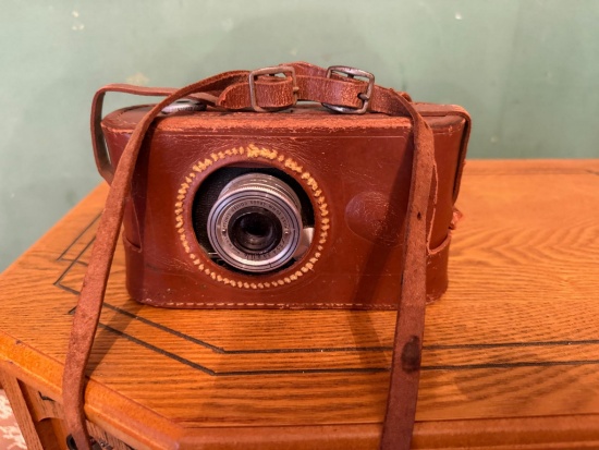 Vintage Brown Leather-Cased Camera, Fixed Lens, 50mm ASA