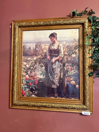 Framed Artwork of Woman with Flowers, Gold Ornate Frame, 30" x 34"