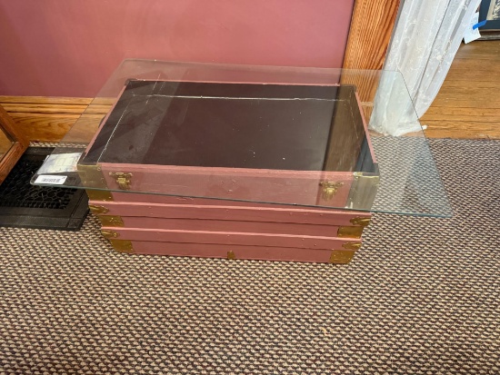 Trunk-Style Coffee Table with Glass Top,  Decorative Design, 36" x 24"