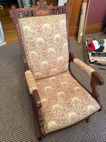 Antique Victorian Rocking Chair, Wood, Fabric Upholstery, Intricate Carving