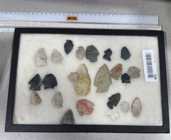 Arrowheads and Artifacts -  Frame of 23 Arrowheads mostly Birdpoints