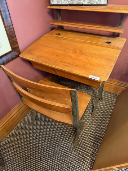 Antique School Desk with Integrated Chair and Shelf, Early 20th Century, 30" wide