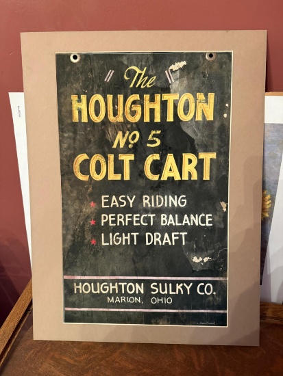 Houghton Sulky Co. No. 5 Colt Cart Vintage Advertisement Poster, Framed, some paper loss, 14" x 22"