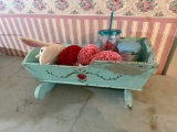 Light Blue Wooden Decorative Cradle with Floral and Heart Design & misc