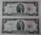 2- 1963A U.S. Two Dollar Bills, w/ consecutive Serial Numbers, sells times the money