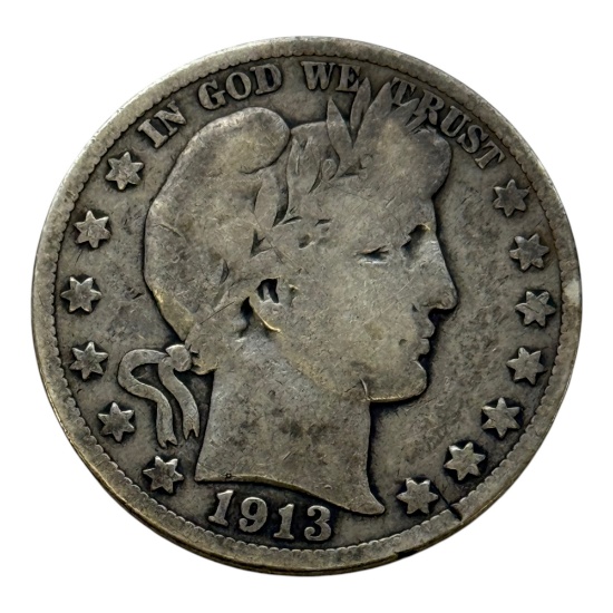 1913-S Barber Half Dollar Coin, 90% Silver