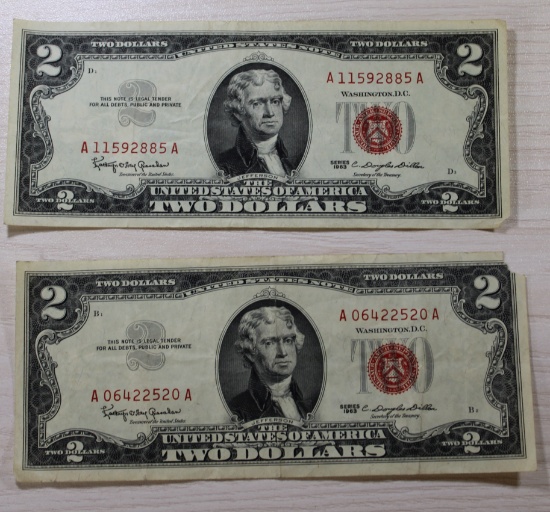 2- 1963 Red Seal $2.00 Banknotes, sells times the money