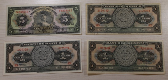 4- Banco de Mexico Banknotes, 5 Pesos and 1 Peso, sells times the money